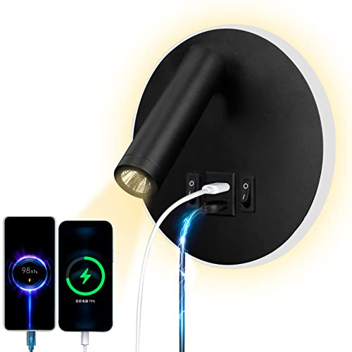 uksunvi LED Leselampe Wandlampe USB Type-C-Zwei AufladungMund Schalter Verstellbarer 12W LED Strahler 3000K Wandleselampe Aluminium Bettlampe Drehbar (Rund Schwarz)