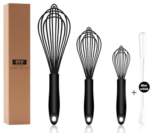 OYV Dishwasher Safe Silicone Whisk, Sealed Waterproof Design Set of 3, Professional Kitchen Whisks for Cooking Non-Scratch, Silicone & Stainless Steel Whisk, Heat Resistant Balloon Egg Beater, Black
