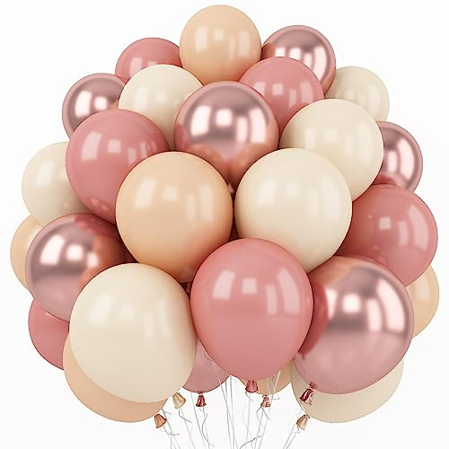 Retro Blush Pink Balloons, 60 Packs 12 Inch Dusty Pink Metallic Chrome Rose Gold White Sand Nude Balloons for Pumpkin Baby Shower Girls Women Boho Birthday Bridal Wedding Mothers Day Decorations