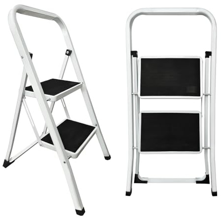2 Tread Step Ladder Folding Step Stools for Adults, Folding 2 Step Stool with Handrail & Anti Slip Pedal, Multi Purpose Lightweight Folding Step Ladder 2 Step Foldable Steel Ladders for Home Kitchen