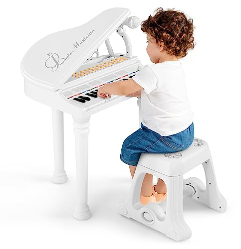 GOPLUS 31 Tasten Kinder Keyboard mit Hocker, Klaviertastatur mit Mikrofon, LED-Licht & MP3-Schnittstelle, E-Piano mit 3 Lehrmodi, 22 Demos, 4 Rhythmen, Aufnahme & Wiedergabe für Kinder (Weiß)
