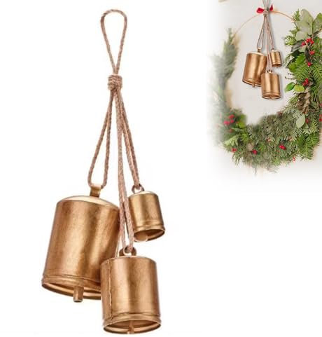 Weihnachts Kuhglocken, 3 Stück Vintage Metall Kuhglocke Weihnachts-Kuhglocken zum Aufhängen, Hängende Kuhglocken mit Juteseil im Landhausstil, Home Deko für Weihnachtsfeiern