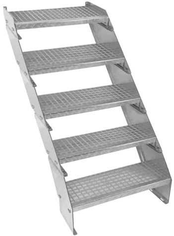 Verzinkter Stahl Treppe 5 Stufen | Erweiterbar mit zusätzlicher Gitterrost-Stufen & Höhenverstellbar | Wetterfest, Robust & Modular | für Außen Garten Terrasse | GRATIS Befestigungssatz [60cm breit]