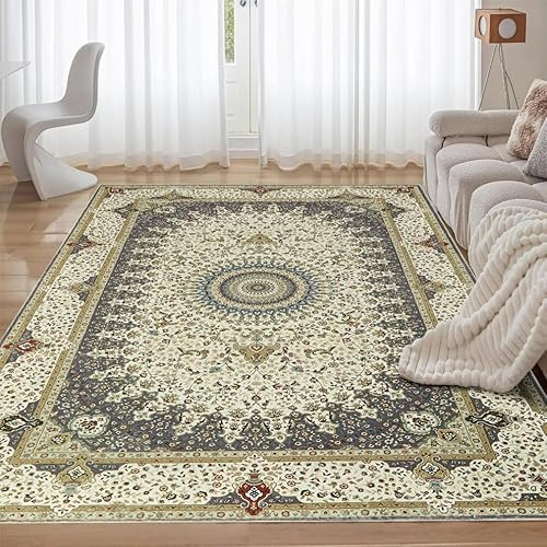 Aspire Homeware Traditionella vardagsrumsmattor stora 160 x 230 – grå vintage orientaliska mattor – klassisk fuskpäls kort lugg kashmirmatta för sovrum lätt att rengöra (vide grå)