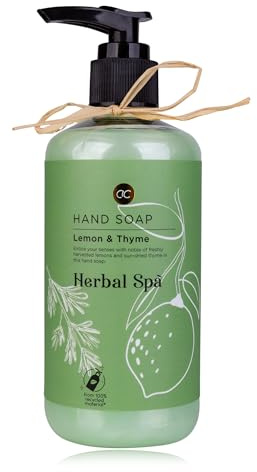 Accentra Seifenspender Herbal SPA mit Handseife - Flüssigseife in dekorativem Pumpspender, Flasche aus recyceltem Material, 290ml, Duft: Lemon & Thyme - nachfüllbar