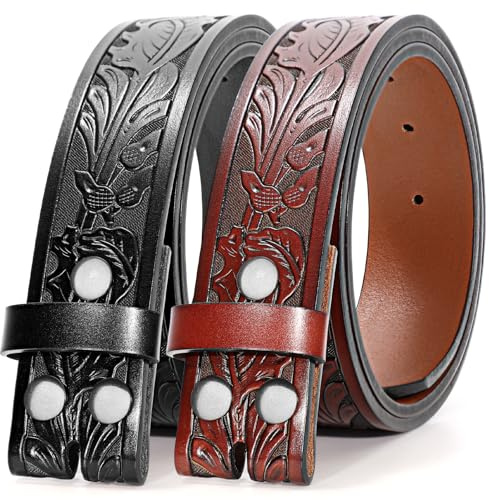 BELTROAD 2-pack västerländska läderbälte för män kvinnor cowboy cowgirl western bälte män för jeans presentbälte utan spänne utbytbart bälte, Cucurbit-blomma-svart + brun, Passend zur Taille：99cm