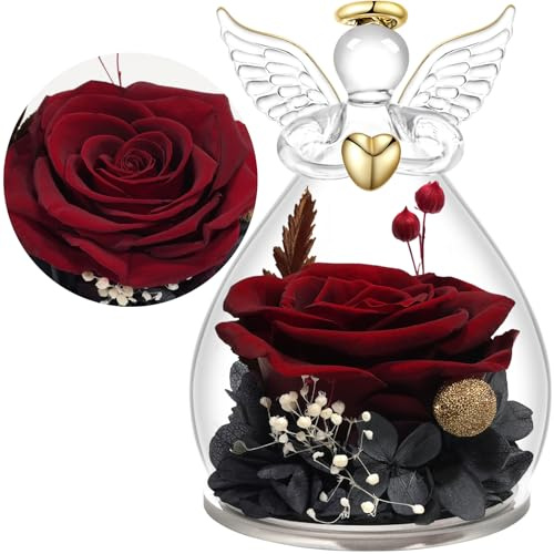 Yamonic Ewige Rose Engel Geschenke für Frauen, Ewige Rose im Glas Geschenke für Mama,Engel Figur Geburtstagsgeschenke für Frauen,Oma Geschenk,Echte Rose Schutzengel Weihnachten Muttertagsgeschenk