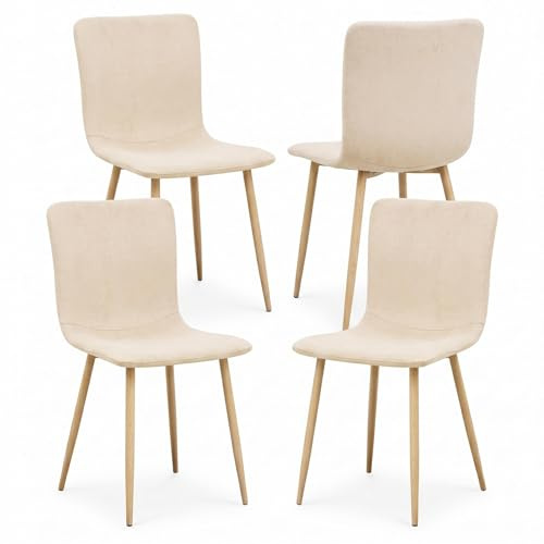 FurnitureR 4er-Set skandinavischer Esszimmerstühle aus weichem Stoff Gepolsterte Metallbeine für Küche, Esszimmer, Wohnzimmer & Empfangsbereich in elegantem, Beige