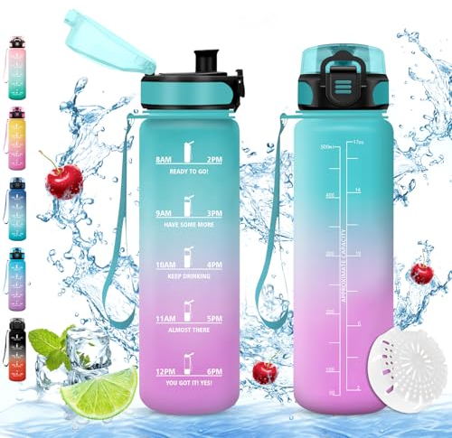 Vikaster Gourde eau, Gourde 0.5Litre, sans BPA, Étanche & Réutilisable, Bouteille d'eau avec Marqueur de Temps et Filtre, Convient Pour la Bureau, Gym, Yoga, Camping, Sport