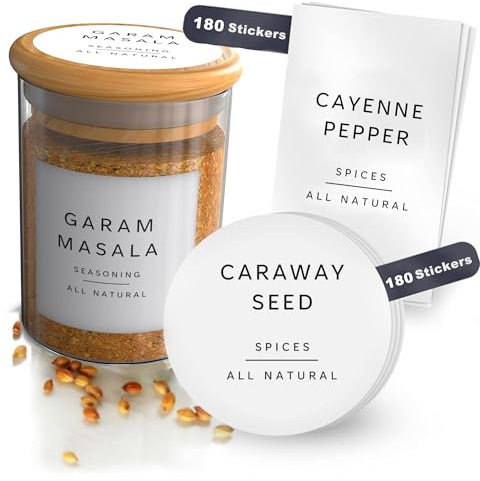 Livabl - 360 - White 5x5cm Minimalist Spice Jar Labels - Pre Printed – Waterproof & Oil-Resistant Stickers for Herbs – Self-Adhesive Vinyl Spice Labels for Kitchen Organisation