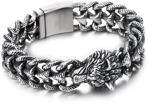 COOLSTEELANDBEYOND Herren Edelstahl Wolf Kopf Armband, Strukturierte Schuppe Gliederkette Panzerkette, Vintage Nordisch Wikinger