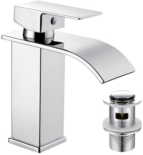Peppermint Basin Taps Mixers Waterfall with Slotted Pop-up Waste Bathroom Sink Mixer Tap Square Stainless Steel Monobloc 1 Hole with G1/2'' Hoses Modern Cloakroom Taps Mono