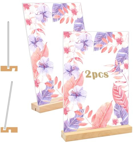 Coriver Tischaufsteller A4, 2 Stück Acryl Aufsteller a4, L/T Form Preisschilder Aufstelle Werbeaufsteller Display mit Holzfuß,Tischaufsteller Aufsteller für Hochzeit Restaurant Büro Cafe-21 x 29.7cm