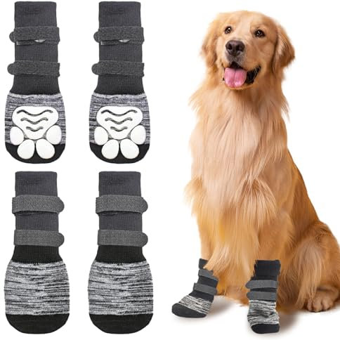 HDKAJL 4 Stück Antirutschsocken Hund mit Verstellbarem Magic Strap M Größe, Hundesocken mit Rollrand als Praktische Hundeschuhe für Hunde Pfotenschutz