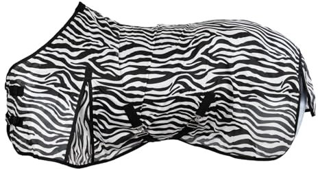 RL24 - Zebra Fliegendecke mit Kreuzgurt – reißfeste & feinmaschige Pferdedecke – Weidedecke zum Schutz vor Insekten – mit Schweifriemen & extra Langen Seiten – Outdoor-Pferdedecke – 155 cm