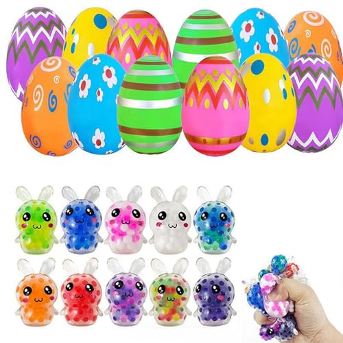 24 Pack Prefilled Easter Eggs with Squeeze Ball Toys, Gefüllte Ostereier mit Stressball Spielzeug, Ostereier für Osternkorb Stuffers Füllstoffe, Osterhase Quetsch Spielzeug Geschenk für Kinder