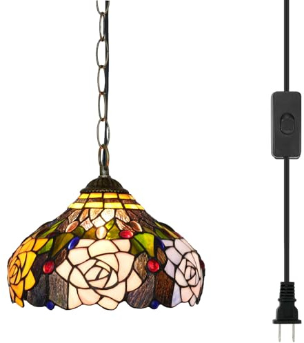 Blivuself Lámparas colgantes Tiffany con flores de rosa, lámpara colgante de cristal tintado de 12 pulgadas, estilo antiguo, enchufable, para hogar, isla de cocina, comedor, salón, pasillo, barra