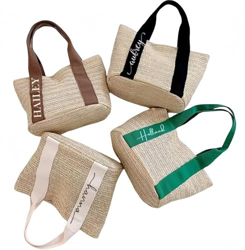 Borse Personalizzate Con Nome Ricamato, Borsa Da Spiaggia In Juta Personalizzata, Borsa Shopping Riutilizzabile In Paglia Di Grande Capienza, Regalo Per Matrimoni, Compleanni, Viaggi(Black)
