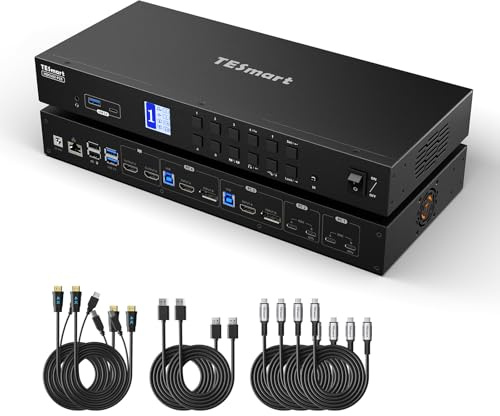 TESmart 4K @ 60Hz Dual-Monitor-KVM-Switch für 4 Computer, Hybrid-HDMI+DP+USB-C-Anschlüsse, 100 W Ladung, Gigabit-Ethernet, MST-Einzelkabel, Datenschutzschloss, Win/Mac/Linux/für Büro und Gaming