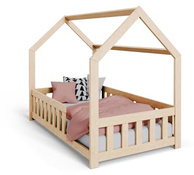 KOBI DUBI Kinder-Hüttenbett 160x80 cm aus Kiefer | mit Sicherheitsgitter, Rahmen Flex | Natur oder weiß | wahlweise mit Matratze | Möbel zur Selbstmontage (Naturfarbe, mit Matratze)