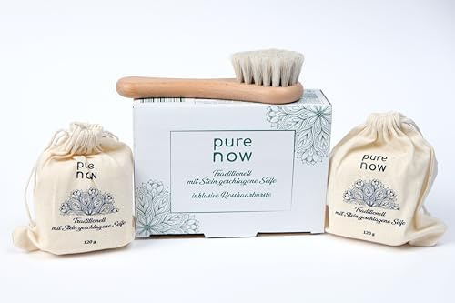 Pure Now Jabón de aceite de oliva tradicional con aroma a orquídea, 2 x 120 g, hecho a mano y con piedra batida para cuerpo, cara y cabello, incluye cepillo exfoliante de crin