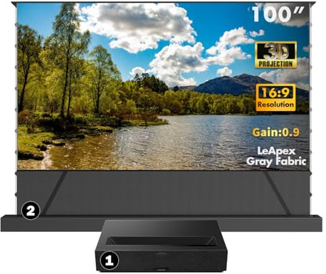 Paquete-Formovie Theater Premium 4K UHD Proyector Ultra Corto Láser+Pantalla de Proyección de Marco Fijo de 2200 ISO Lúmenes Cine en Casa (Proyector+Pantalla Gray Fabric motorizada de 100)