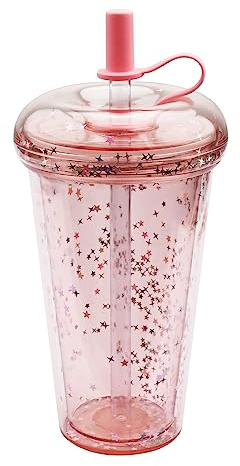 DiiWmme Glitter Pink Cups with Lid and Straw, 420ml/14.2oz Double Wall Insulated Cup, Leakproof Water Bottle for Iced Coffee, Smoothies, Travel, Office and School Use