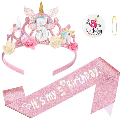 GSrenyu 5th Birthday Decorations for Girls Flower Princess Crown Headband