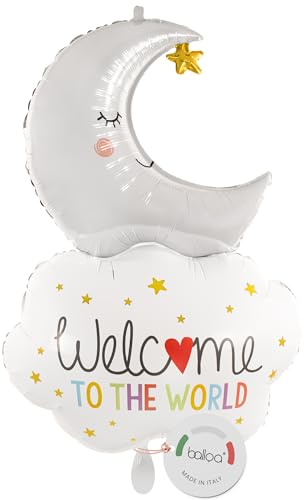 balloa Folienballon Welcome to the World Mond, XXL Deko zur Geburt, 81 cm | Mond und Wolke mit Welcome to the World Schriftzug, XXL, heliumgeeignet, ungefüllt, neutrale Deko zur Geburt und Babyparty