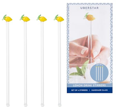 Lemon Glass Cocktail Stirrers, Lemon Themed Gift Swizzle Sticks Set of 4