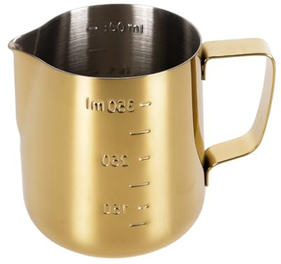 Alide Jarra de leche de 350 ml (12 oz), jarra de acero inoxidable dorada, para café doméstico y profesional (dorada)