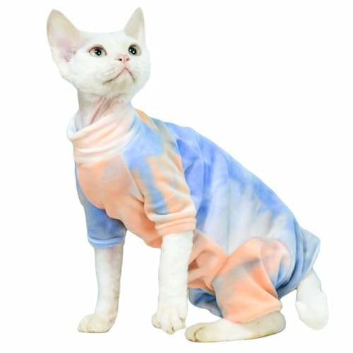 IUOUTG Sphynx katter onesie helkropp varm fleece hårlös kattpyjamas overall kläder elastisk batikfärg hög krage kattunge skjorta valpkappa med ärm för Devon Rex