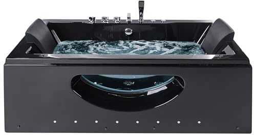 Vasca Idromassaggio Nero Poggiatesta Ecopelle Vetro e LED 180 x 85 cm