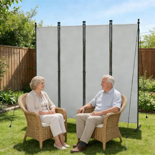 UISEBRT Paravent Outdoor wetterfest mit Heringen und Abspannleinen,Klappbar Freistehend Trennwand ohne Bohren,mobiler sichtschutz für Garten Balkon terrasse,4 Teilig 200 x 180 cm Hellgrau
