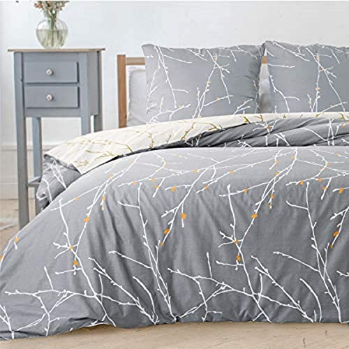 Bedsure Ropa de cama de microfibra hipoalergénica transpirable súper suave con diseño de ramas 155x220cm gris y beige