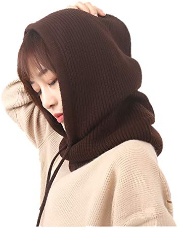 ACVIP Damen Multifunktionale Strickmütze Winter Warme Kapuzen-Schal Sturmhaube(Kaffee)