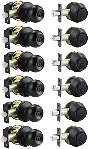 6 Set Entry Door Knob and Single Cylinder Deadbolt Combination Set, Keyed Alike, Flat Black Entry Entrance Keyed Round Door Knobs Lockset with Deadbolt for Exterior/Front Door