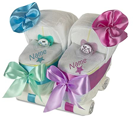 Torta di pannolini, passeggino gemellare, blu/rosa, regalo per fratelli, passeggino e 2 bavaglini con nome