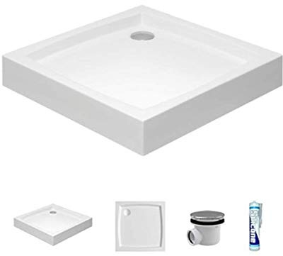 ECOLAM® Duschwanne Duschtasse flach Patio Polimat Viereck quadratisch 80x80 x16 cm Tiefe 5 cm Acryl weiß + Siphon + Silikon (80 x 80 cm)