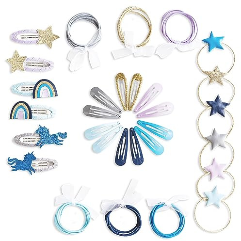 Papierdrachen Besondere 48 Haarspangen und Haargummis in vielen Farben - langlebig und robust - Kinderspängchen mit Glitzer und Stoffbezug - Haarschmuck *Einhorn* - für lange und feine Haare