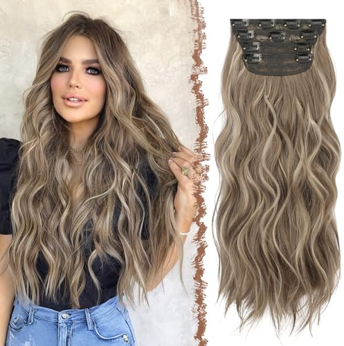 FESHFEN Clip in Extensions, 4PCS Haarverlängerungen mit Clips Synthetik Gewellte Haarextension Brünett gemischt mit Aschblond Wavy Wellig Haar Extensions Clip in Haarteil für Frauen 50 cm