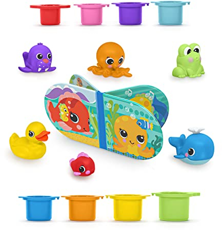 Bright Starts, Splash, Splash Baby 15 Stück Badeset - wasserdichtes Buch, Gummientchen, Tierspielzeug und Stapelbecher, Unisex, 6 Monate+