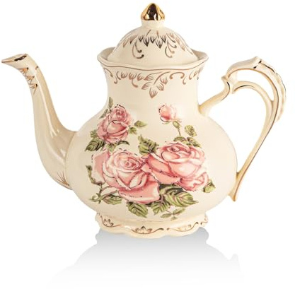 YOLIFE Iovry Rose Teapot, 35oz/ 4 Cup Ceramic Tea Pot with Infuser for Loose Leaf Tea, Vintage Floral Teapot and Gold Trim