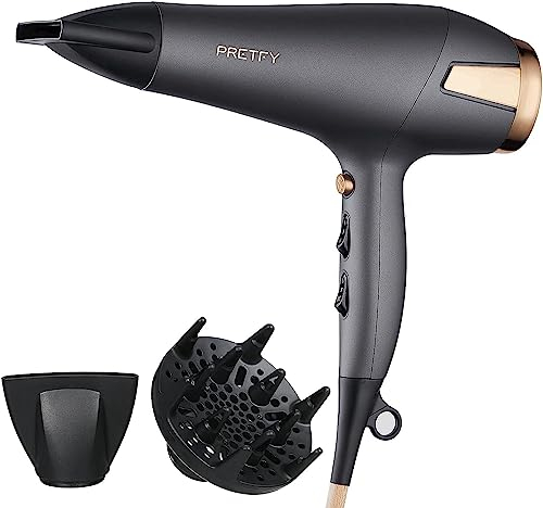 Pretfy Professioneller Haartrockner mit Ionen, 2500 W Haartrockner mit negativen Ionen und konstanter Temperatur, mit Diffusor, Düse (grau)