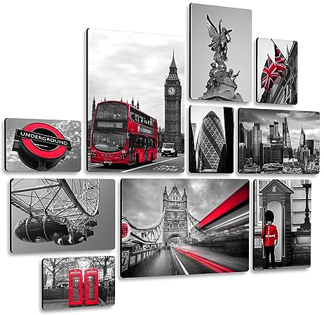 Giallobus - Conjunto de 10 Pinturas de Paneles múltiples - London in Red - Madera de MDF - | 2 x 42x29,7cm | 4 x 29,7x21cm | 4 x 21x14,85cm | - Listo para Colgar - Cuadros