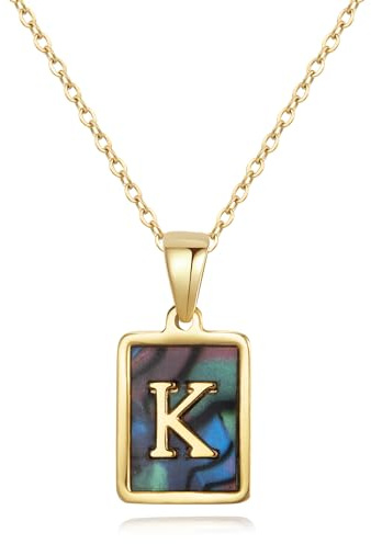 CyxenNova Kette Herren Halskette Herren Gold, Buchstaben Kette A-Z, Königskette Plattenkette Edelstahl Männer, Schmuck für Damen Geschenke (K, Perlmutt)