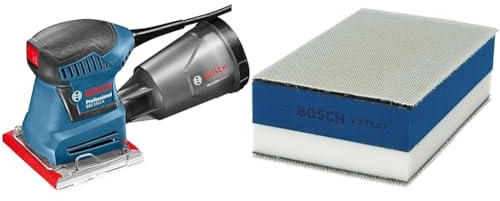Bosch Professional Schwingschleifer GSS 140-1 A (inkl. Staubbox mit Microfilter, 2x Schleifblatt, 1x Schleifplatte, Lochwerkzeug, Karton) + Expert Dual Density Handschleifblock