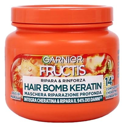 Garnier Fructis, Maschera Rimpolpante, Per Tutti i Capelli Danneggiati, Riparazione Profonda, Per Capelli Più Forti, Con Olio di Marula e Cheratina, Hair Bomb Keratin, Ripara&Rinforza, 320 ml