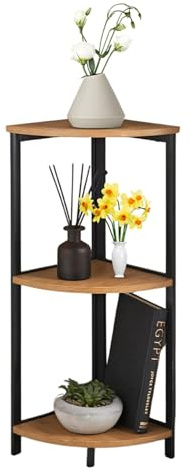 Fizporium 3 Tier Corner Shelf - Stylish Storage Solution corner shelf unit - Easy Assembly, Black Metal Frame book shelf, Rustic Oak Finish