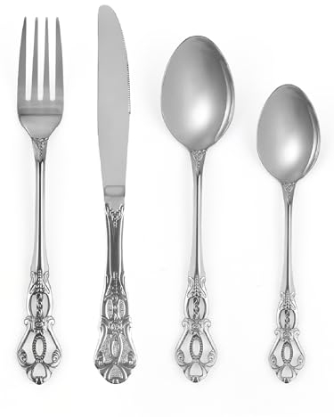 SHEUMNT Set Posate 24 Pezzi Stile Retro Argento - Elegante Servizio per 6 Persone, Posate in Acciaio Inox con Finitura Antica Barocca, Set Completo con Forchette, Cucchiai e Coltelli